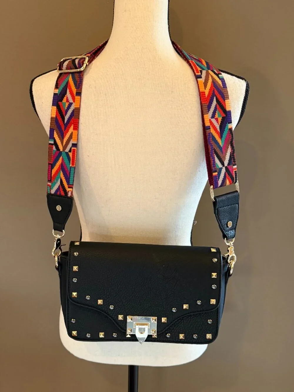 Black Leather Studded Boho Bag with Colorful Guitar Style Adjustable Strap